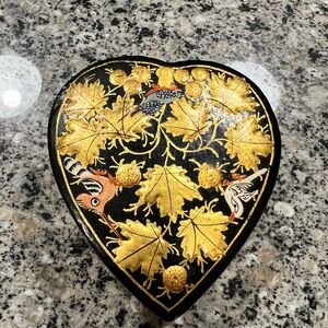Hand Painted Heart-Shaped Paper Mache Decorative Box with Gold Leaf Bird Design